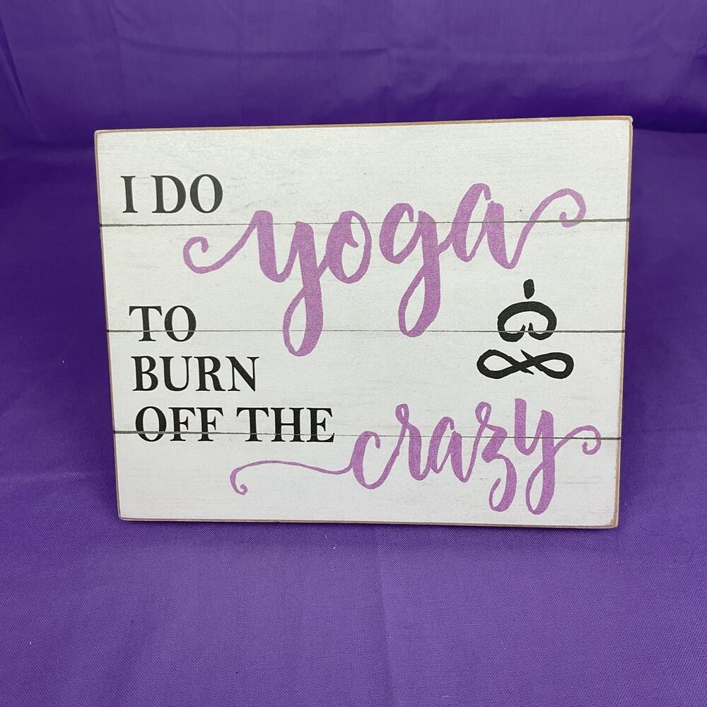 Funny Wooden Yoga Block Sign - Purple Script Tabletop Meditating Sign